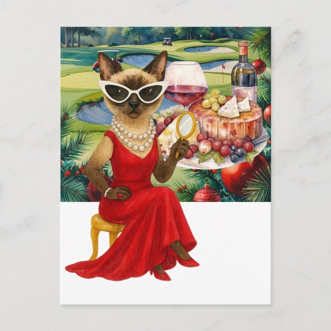 Golf Cat trinkt Wein auf dem Golfplatz Weihnachten (Vorderseite)