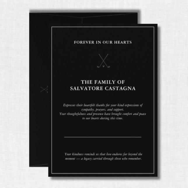 Golf Celebration of Life Black Dankeskarte (Thoughtful golf memorial thank-you card — honoring love and remembrance.)