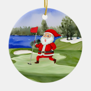 Golf Christmas Weihnachtsmann hat grüne Flagge Keramik Ornament