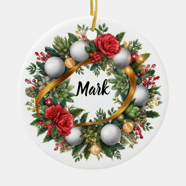 Golf Christmas Wreath with Golfer Name Keramik Ornament (Vorne)