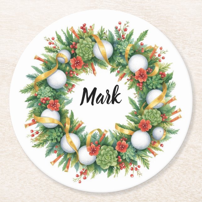 Golf Christmas Wreath with Golfer Name Runder Pappuntersetzer (Vorderseite)