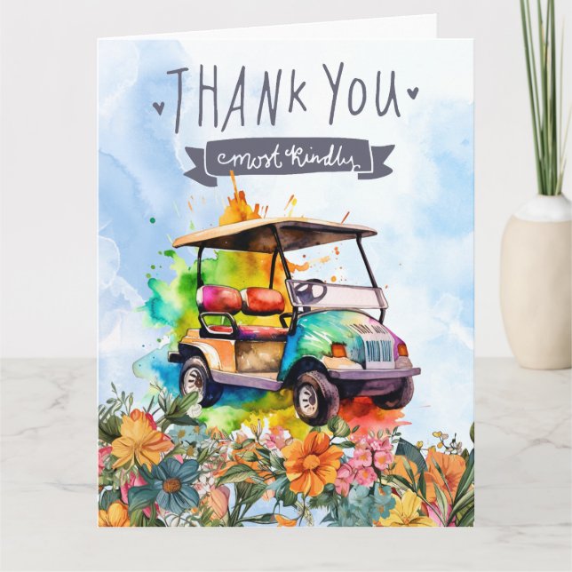 Golf Dankeschön Karte mit Golfwagen Aquarell (Vorderseite)