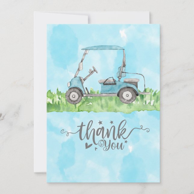 Golf Dankeschön Karte mit Golfwagen Aquarell (Vorderseite)
