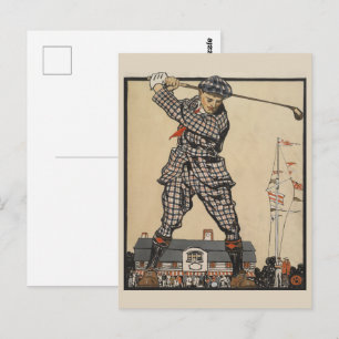 Golf durch die Zeit: Man Swinging Golf Club Postkarte