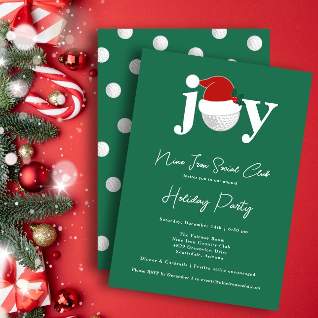 Golf Festive Holiday Party Joy Typography Green Einladung (A modern invite for your holiday gathering 🎄
Personalize for your club, family, or business.)