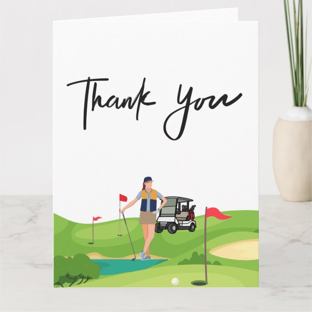 Golf Frau Dankeschön Karte mit Golfwagen auf Grün (Vorderseite)
