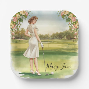 Golf-Frau Golfspielerin auf dem Golfplatz Braut- Pappteller