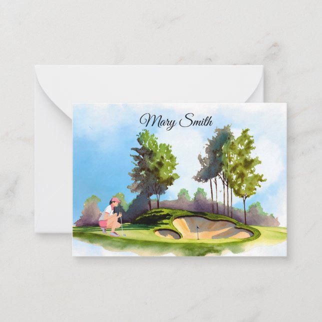 Golf-Frau spielt Golf Mitteilungskarte (Vorderseite)