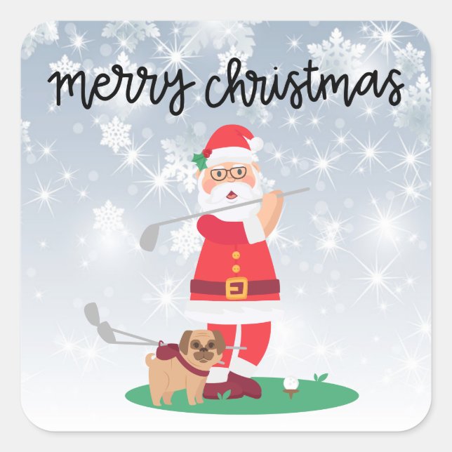 Golf Frohe Weihnachten mit dem Santa Claus Golfer Quadratischer Aufkleber (Vorderseite)