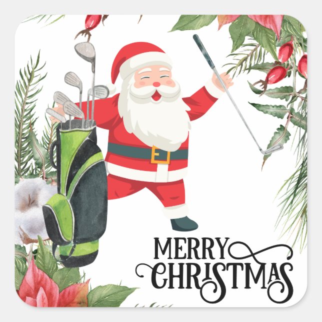 Golf Frohe Weihnachten mit dem Weihnachtsmann Golf Quadratischer Aufkleber (Vorderseite)