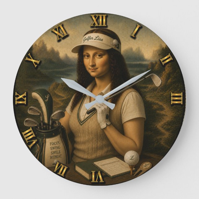 Golf Funny Mona Lisa Große Wanduhr (Vorderseite)