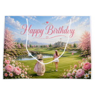 Golf-Geburtstag Frau Golferin auf Golfplatz Große Geschenktüte
