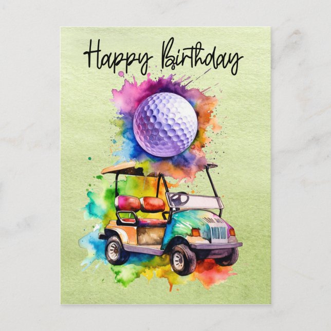 Golf Geburtstag mit Golfwagen Aquarell Postkarte (Vorderseite)