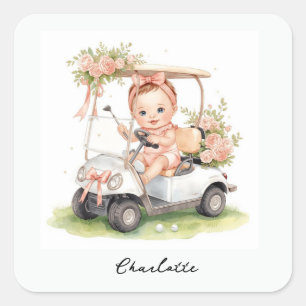 Golf Girl Baby Shower fährt Golfcart Quadratischer Aufkleber