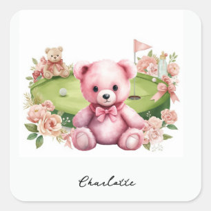Golf Girl Baby Shower mit rosa Teddybär Quadratischer Aufkleber