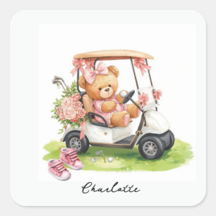 Golf Girl Baby Shower mit Teddybär auf Golfwagen Quadratischer Aufkleber