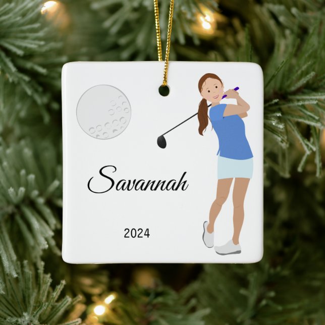 Golf Girl Brown Hair Keramikornament (Baum)