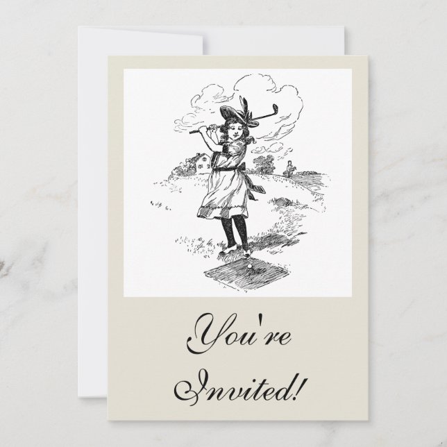 Golf Girl Golfspielen Vintage Kunst Einladung (Vorderseite)