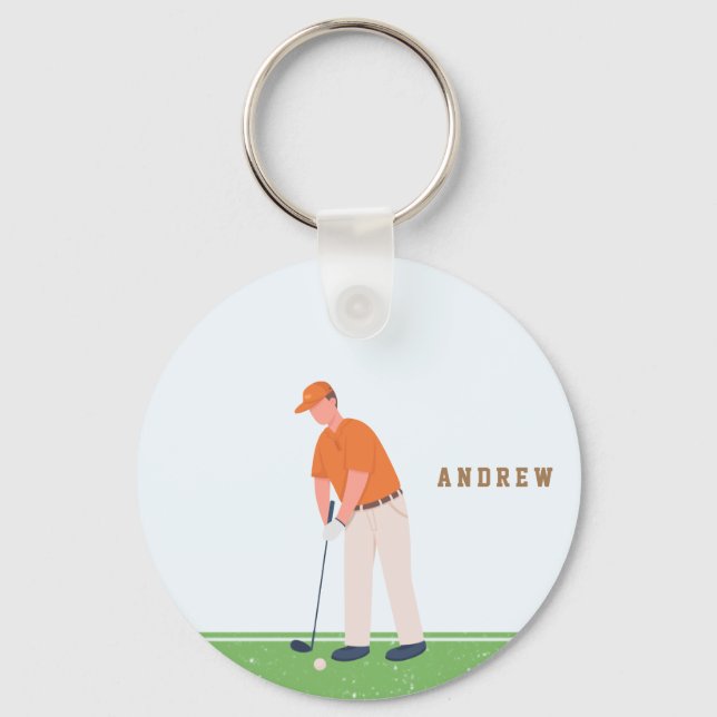 Golf Golfer Green & Blue Illustration Name Sport Schlüsselanhänger (Vorderseite)