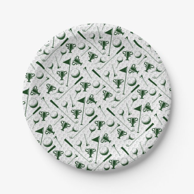 Golf Green White Golf Ball Trophy Clubs Flag Pappteller (Vorderseite)