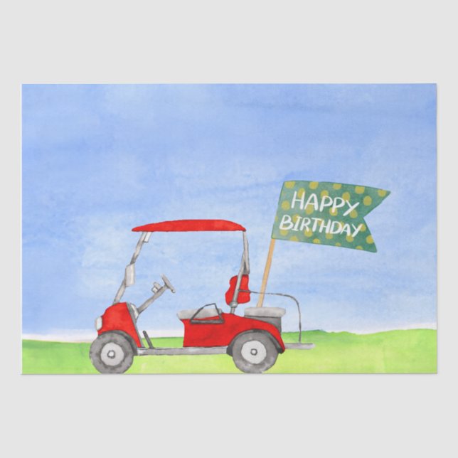 Golf Happy Birthday mit Golfwagen Packpapier Seidenpapier (Vorderseite)