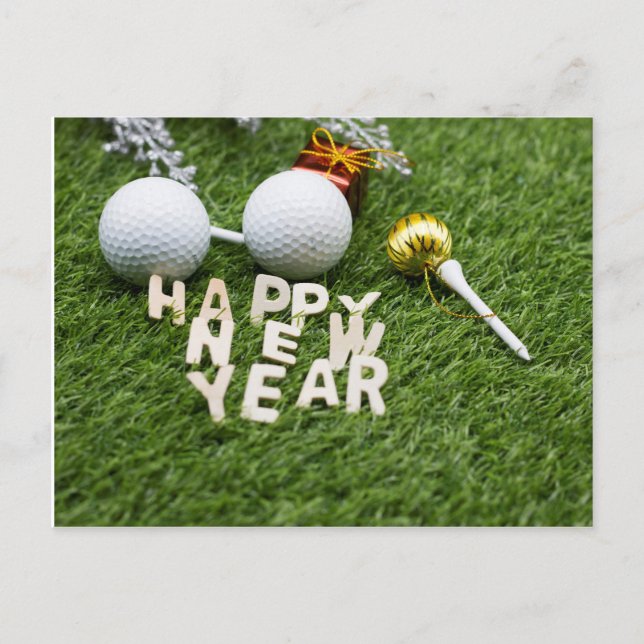 Golf Happy New Year mit Golf Ball Tee Ornament Postkarte (Vorderseite)
