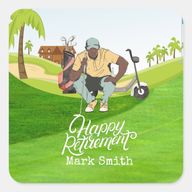 Golf Happy Ruhestand mit Golfer Blick auf Ball Quadratischer Aufkleber (Vorderseite)