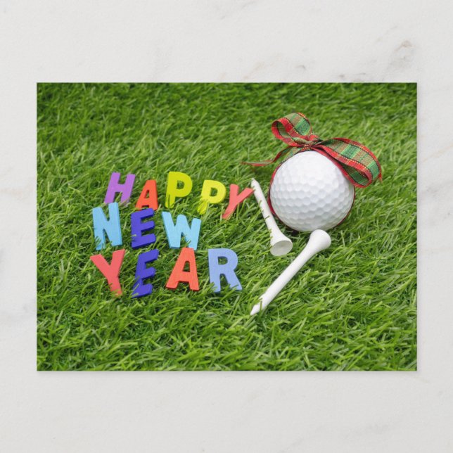 Golf Happy Silvester mit Golfball auf grünem Gras Postkarte (Vorderseite)