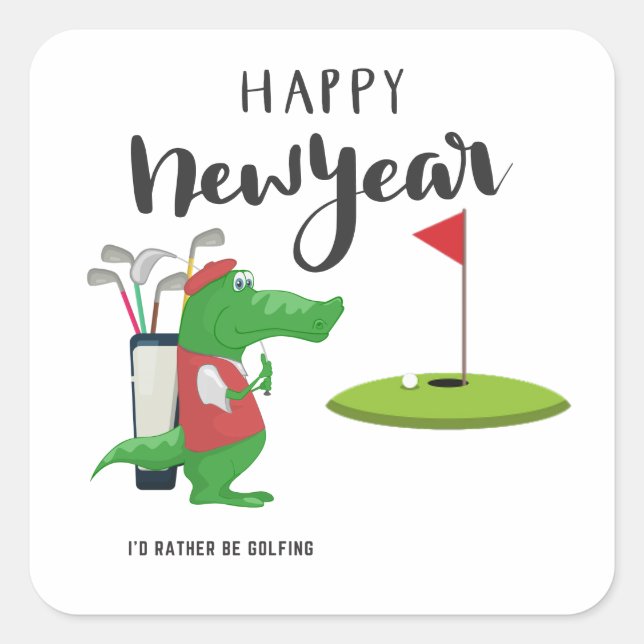 Golf Happy Silvester mit Krokodil-Golfer unter der Quadratischer Aufkleber (Vorderseite)