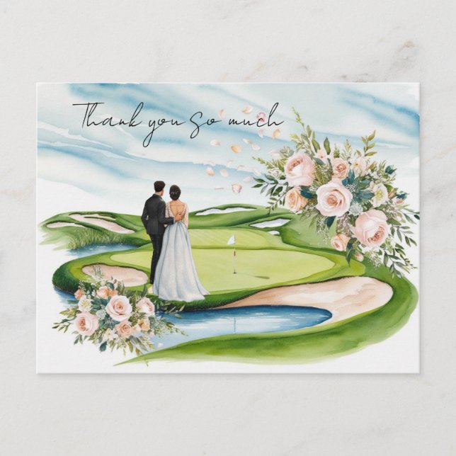 Golf Hochzeit danke Karte Golfplatz Aquarell (Vorderseite)
