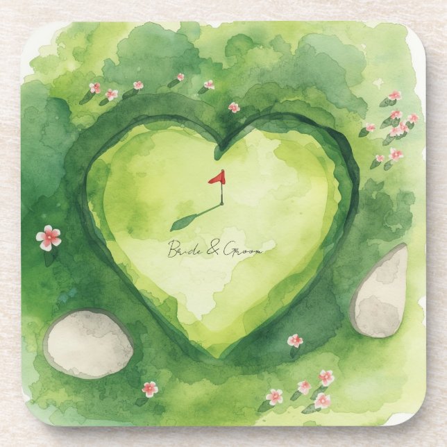 Golf-Hochzeit herzförmiger Golfplatz Getränkeuntersetzer (Vorderseite)