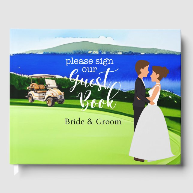 Golf Hochzeit mit Braut und Bräutigam auf grünem G Gästebuch (Vorderseite)