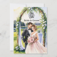 Golf-Hochzeitseinladungskarte mit Braut und Bräuti
