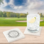 Golf Hole in einem Personalisierten Steinuntersetzer<br><div class="desc">Die klassische Retro-Optik mit altertümlicher Briefmarke. Personalisieren Sie den Namen,  die Position Loch Nummer,  und das Datum zu einem großen Golf-Keepsake zu schaffen,  um dieses fantastische Loch in einem zu feiern. Entwickelt von Thisisnotme©</div>