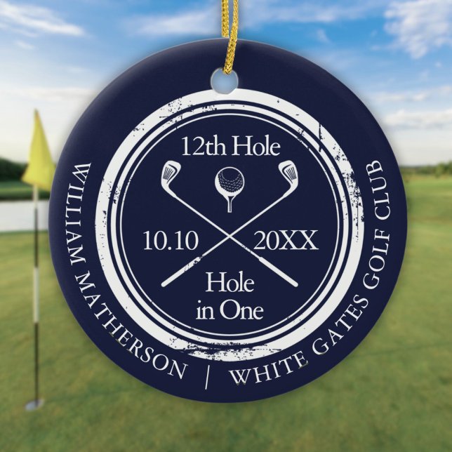 Golf Hole in einem Retro Navy Personalisiert Keramik Ornament (Golf Hole in One Retro Navy Blue Personalized Ceramic Ornament)