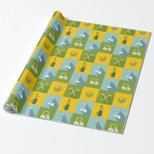 Golf-Ikonen in den Goldgrünen und blauen Quadrate Geschenkpapier
