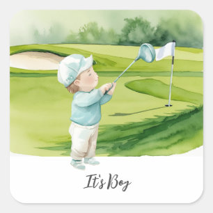 Golf It's Boy für Baby Shower   Quadratischer Aufkleber
