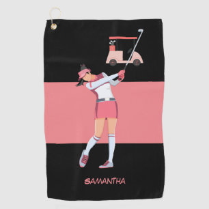 Golf Lady Frau Golfen in rosa Kleid rosa Karren Golfhandtuch