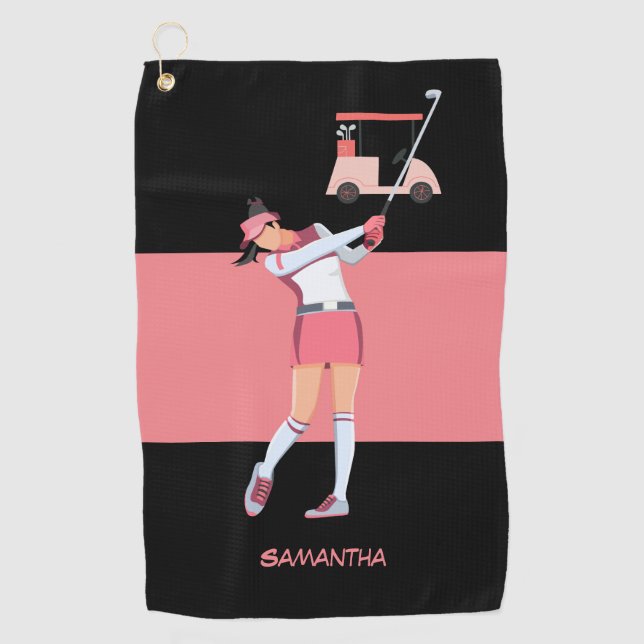Golf Lady Frau Golfen in rosa Kleid rosa Karren Golfhandtuch (Vorderseite)