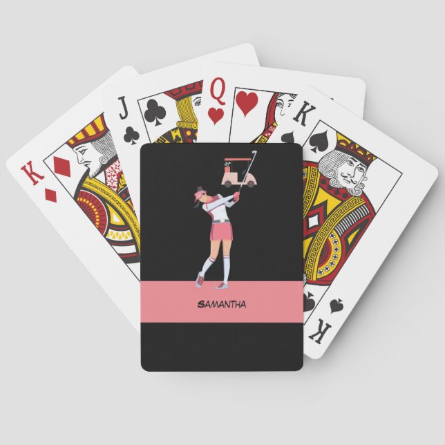 Golf Lady Frau Golfen in Rosa mit Namen  Spielkarten (Rückseite)