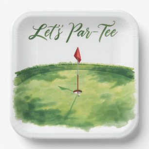 Golf Lass uns Abschlagen mit Golf Flagge auf Grün Pappteller