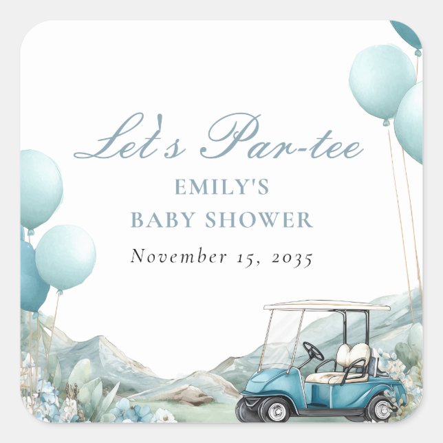 Golf Let's Par-tee Blaues Babyshower Quadratischer Aufkleber (Vorderseite)