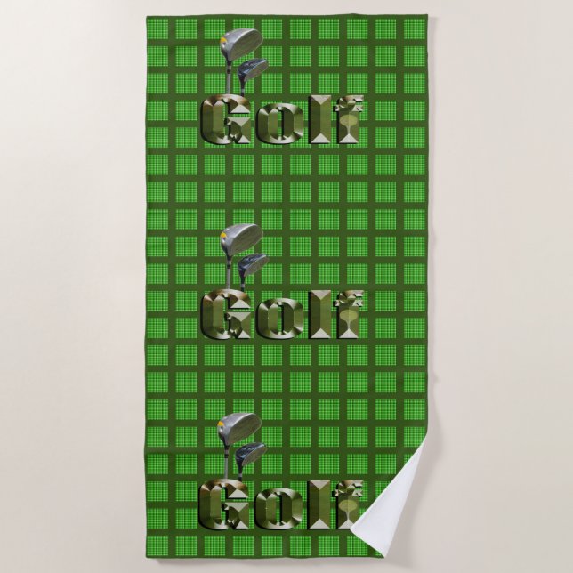 Golf-Logos und -Clubs auf grünem Karton, Strandtuch (Vorderseite)
