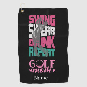 Golf Mama Swing Swear Wiederholung auf Schwarz Golfhandtuch