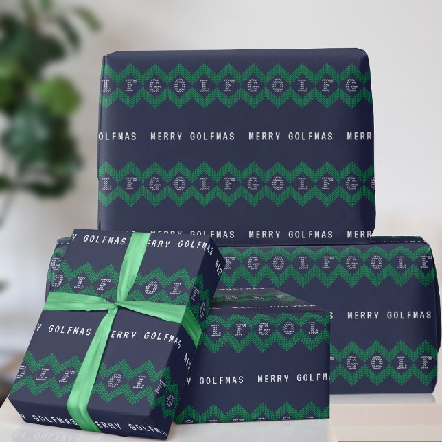 Golf Merry Golfmas Blue und Green Wrapping Paper Geschenkpapier (Merry Golfmas! Here's some wrapping paper for all your golfing gifts)