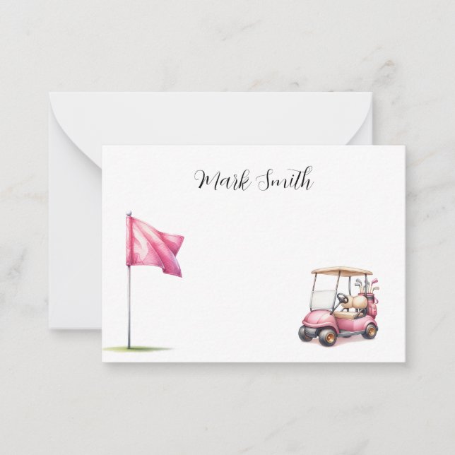 Golf mit Namen für Golfer mit Golfwagen unter Flag Mitteilungskarte (Vorderseite)