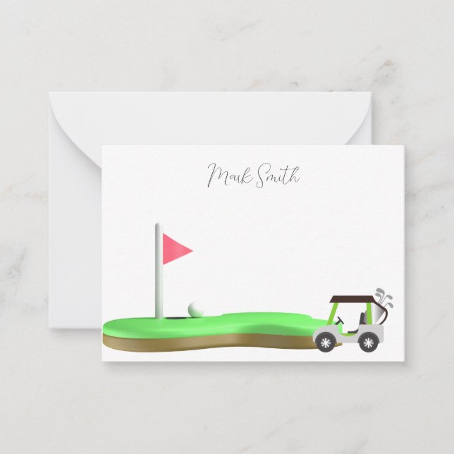 Golf mit Namen für Golfer mit Golfwagen unter Flag Mitteilungskarte (Vorderseite)