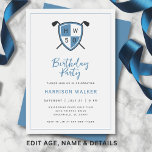 Golf Modern 50th Adult Birthday Party Stylish Blue Einladung<br><div class="desc">Celebrate in classic golf style with this modern adult birthday invitation featuring a personalized crest and crossed golf clubs. The clean design uses a refined palette of light gray, dusty blue, and charcoal for a sophisticated golf-themed celebration that works for any age milestone. The elegant script headline and structured layout...</div>