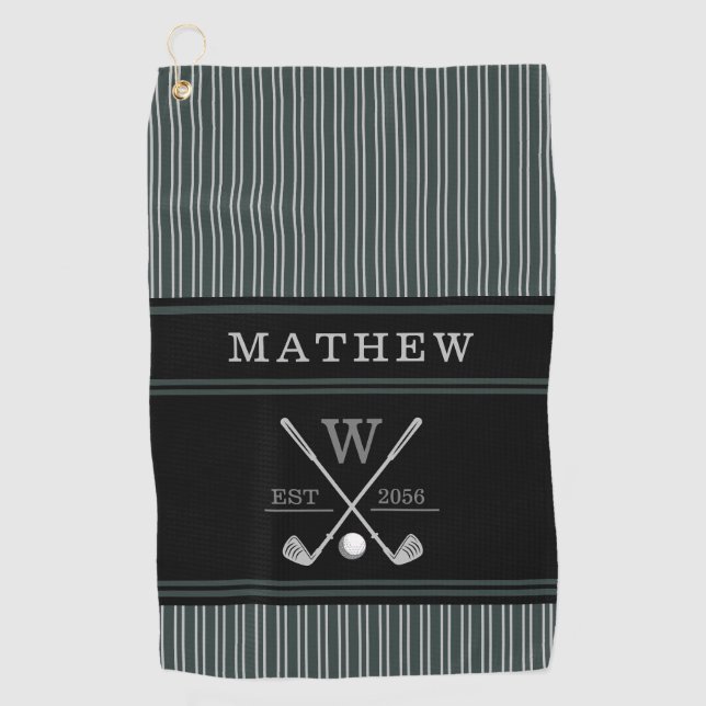 Golf Monogram Erstname Heritage Green Stripes Golfhandtuch (Vorderseite)
