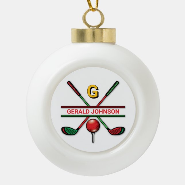 Golf Monogram Metallic Green und Silver Keramik Kugel-Ornament (Vorderseite)
